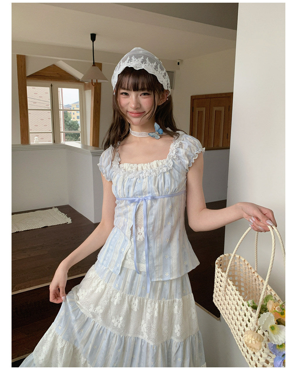 “Sea Salt Reverie” Blue Square Neck Blouse & Lace Tiered Maxi Skirt