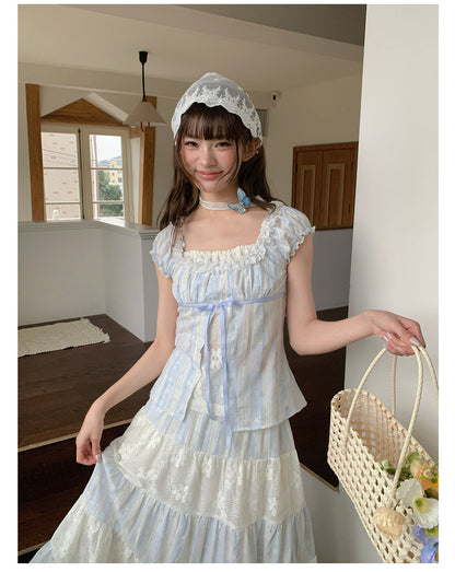 “Sea Salt Reverie” Blue Square Neck Blouse & Lace Tiered Maxi Skirt