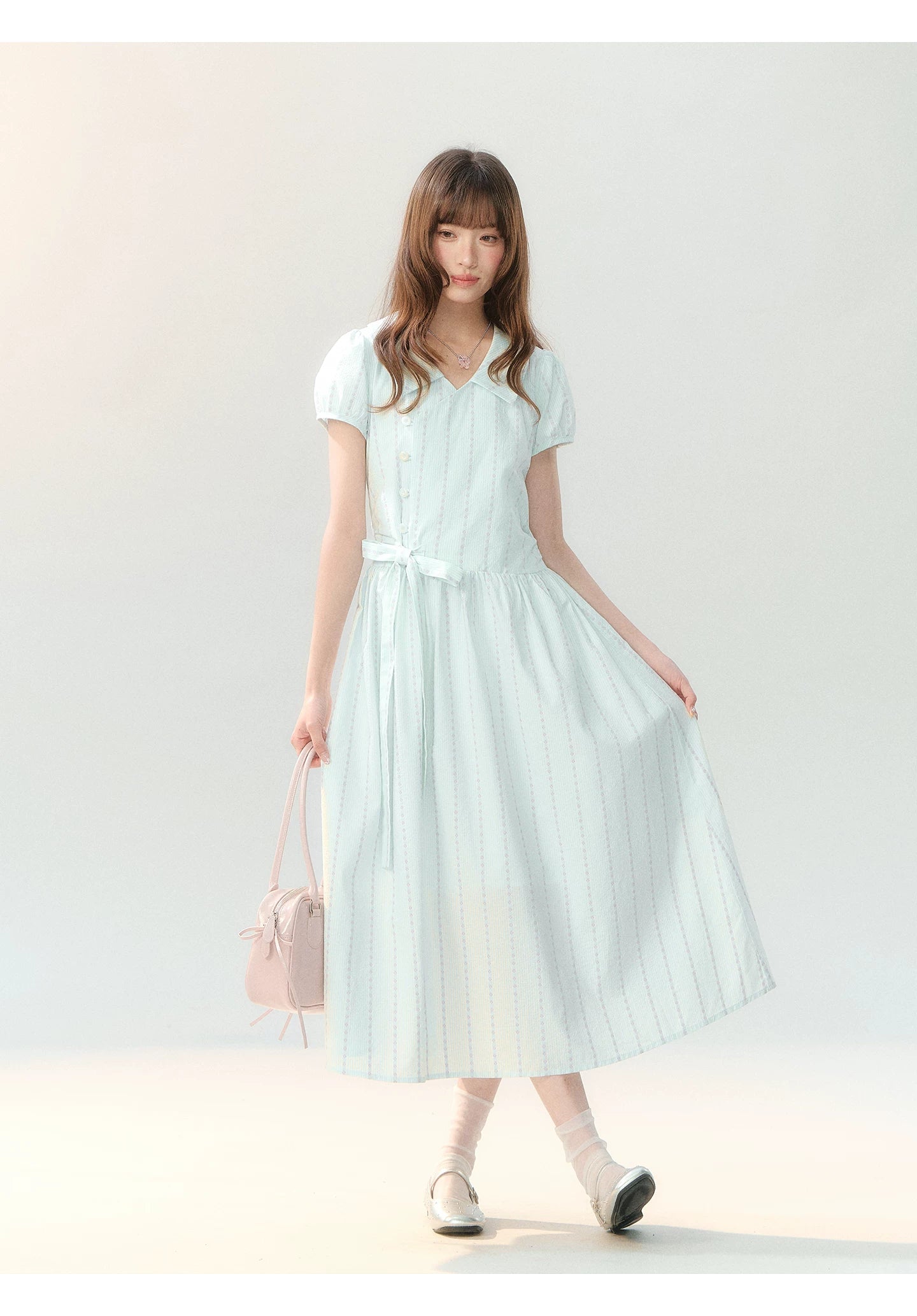 "Early Summer Letter" Blue Stripe Bow-Tie Wrap Dress PP2026211