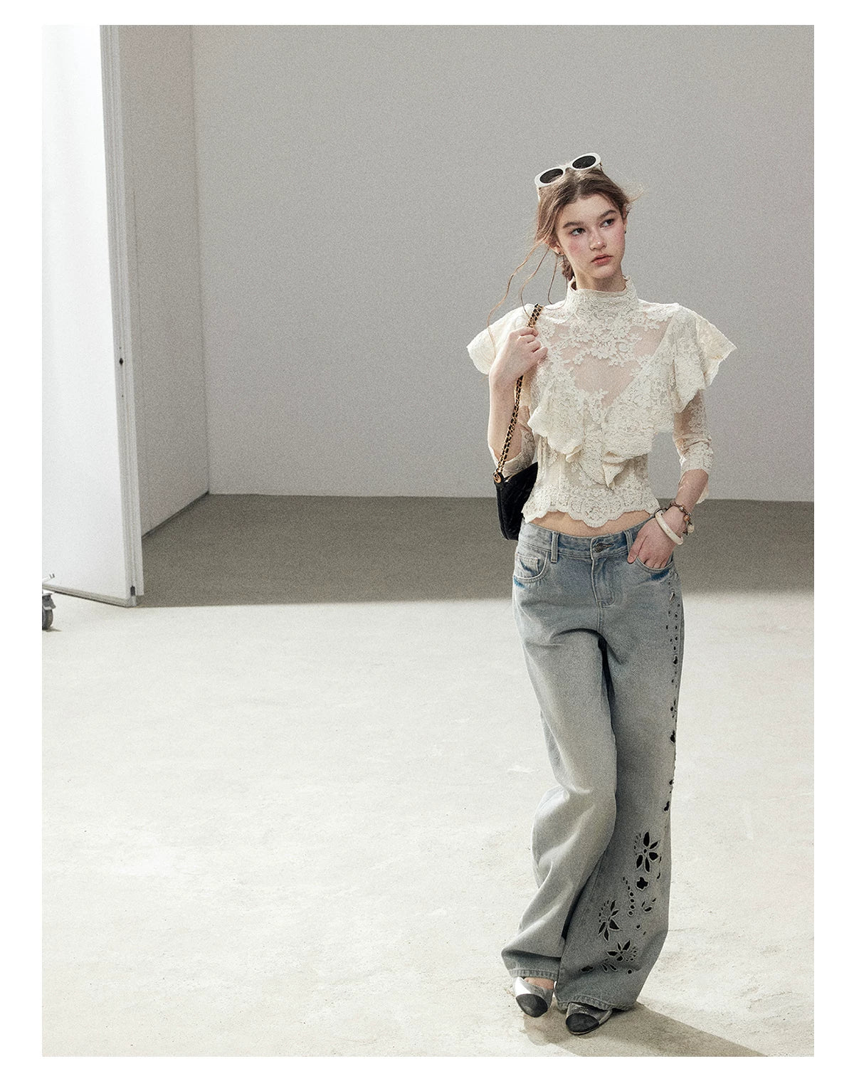 "Translucent Bloom" Dutch Cheese Lace Cropped Top