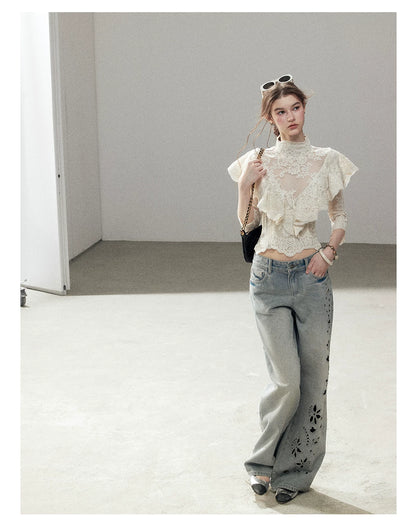 "Translucent Bloom" Dutch Cheese Lace Cropped Top