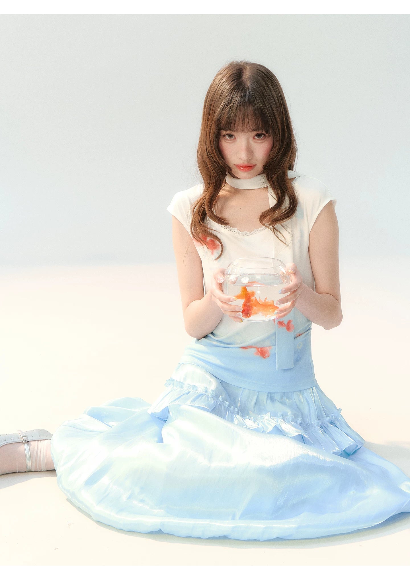 "Koi Garden Letter" White & Blue Goldfish Print Two-Piece Skirt Set LL2026220