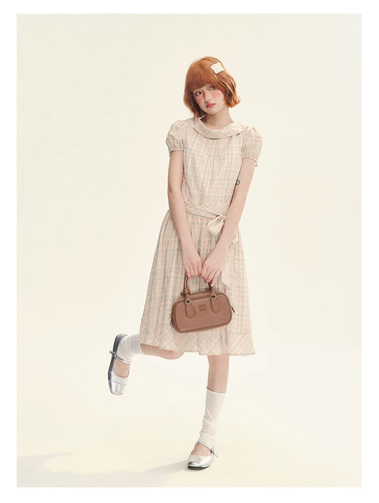 "Showa Girl" Vintage Plaid Floral Print Peter Pan Collar Bow Waist-Defined A-Line Dress