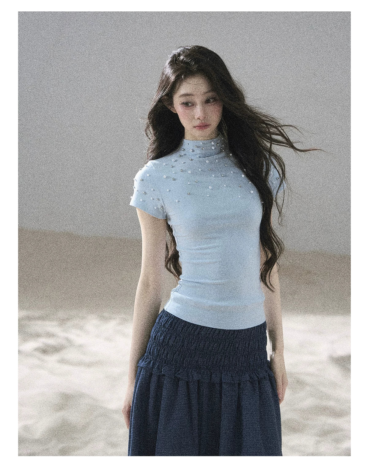 "Scattered Across the Milky Way" Pearl Beaded Knit T-Shirt (Haze Blue/ Sage Gray)