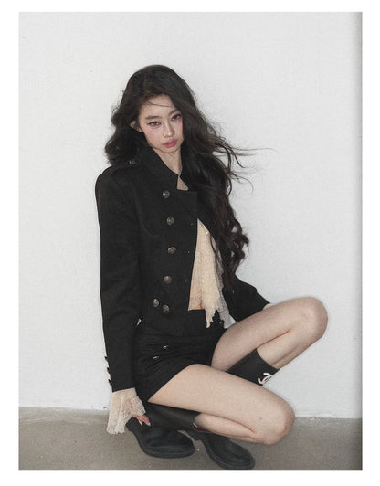 AOMALM - Black Napoleon-Style Jacket & Shorts Set with Milk Tea Top