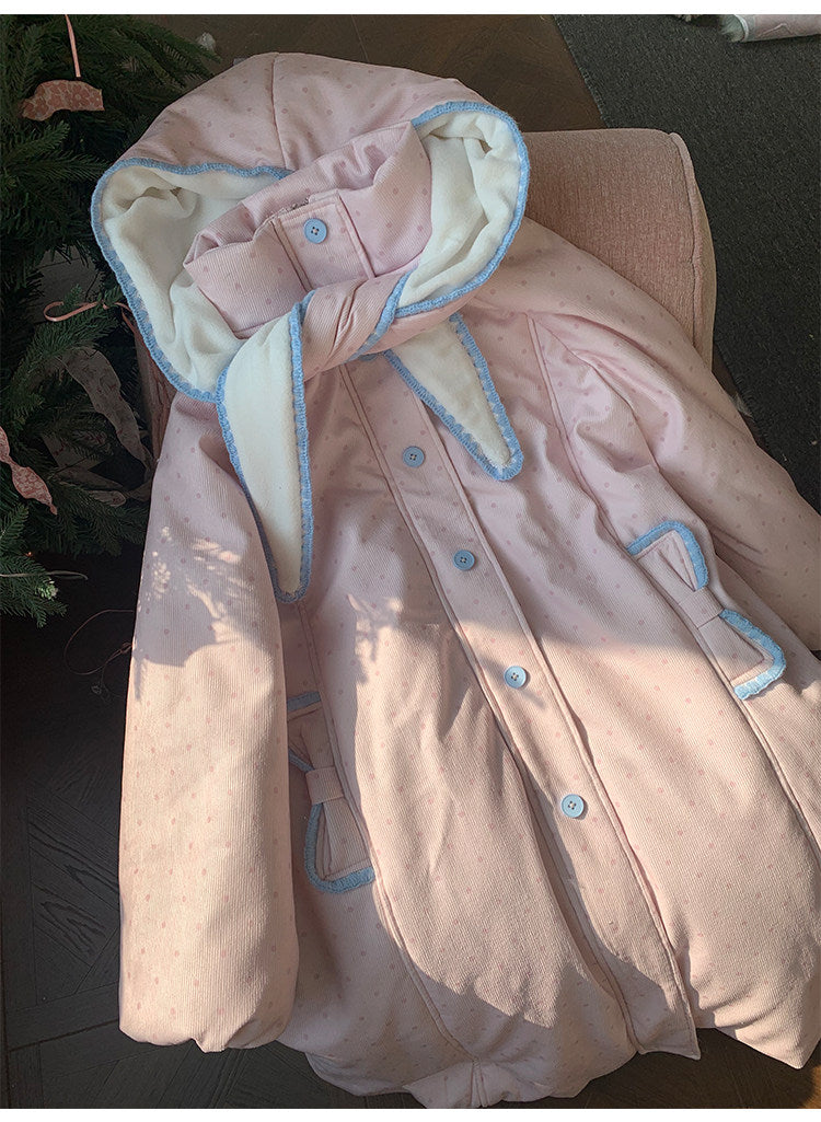 阮阮自制 - Berry Cream Pink Polka Dot Hooded Corduroy Padded Jacket