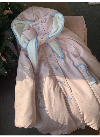 阮阮自制 - Berry Cream Pink Polka Dot Hooded Corduroy Padded Jacket