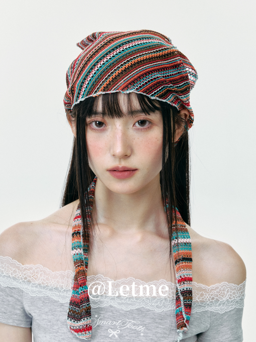 Bohemian Striped Knit Headscarf – Lightweight Openwork Triangle Bandana