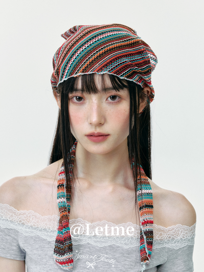 Bohemian Striped Knit Headscarf – Lightweight Openwork Triangle Bandana