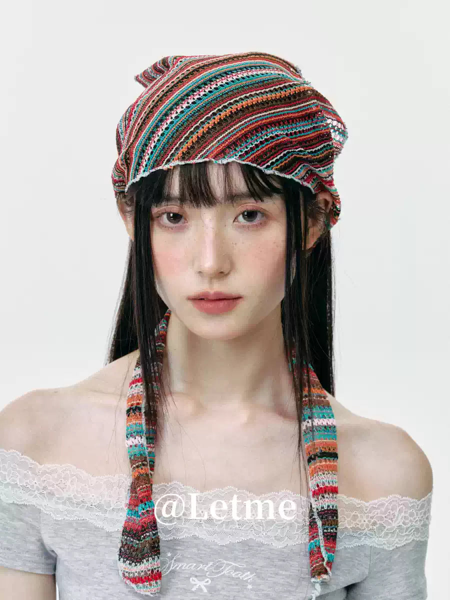 Bohemian Striped Knit Headscarf – Lightweight Openwork Triangle Bandana