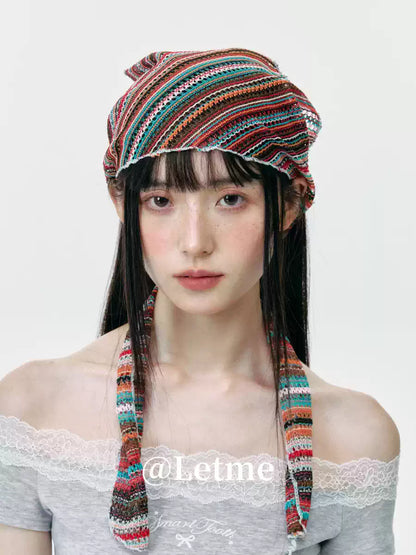 Bohemian Striped Knit Headscarf – Lightweight Openwork Triangle Bandana