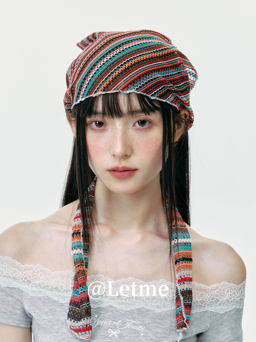 Bohemian Striped Knit Headscarf – Lightweight Openwork Triangle Bandana