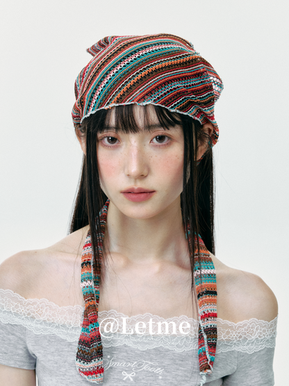 Bohemian Striped Knit Headscarf – Lightweight Openwork Triangle Bandana