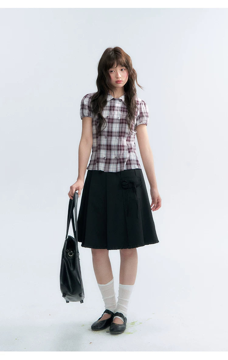 "Violet Mist Bow" Purple Brown Plaid Blouse