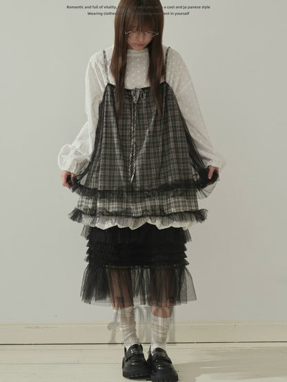 "Layered Breeze" Black & White Plaid Mesh Layering Cami Top