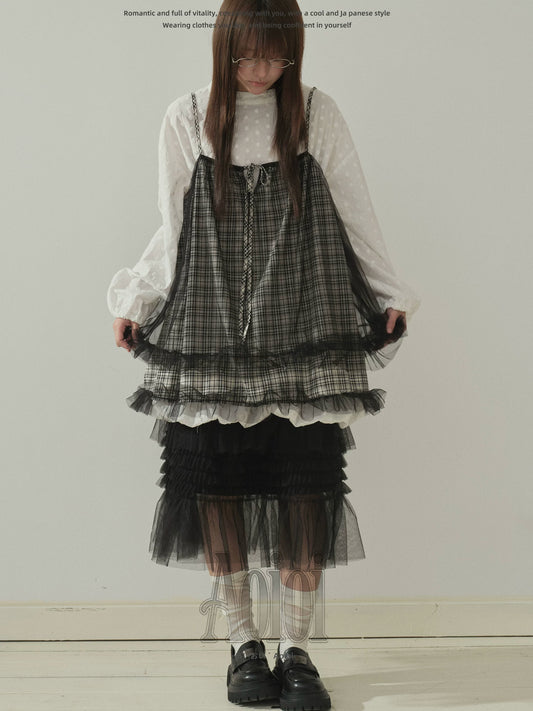 "Layered Breeze" Black & White Plaid Mesh Layering Cami Top
