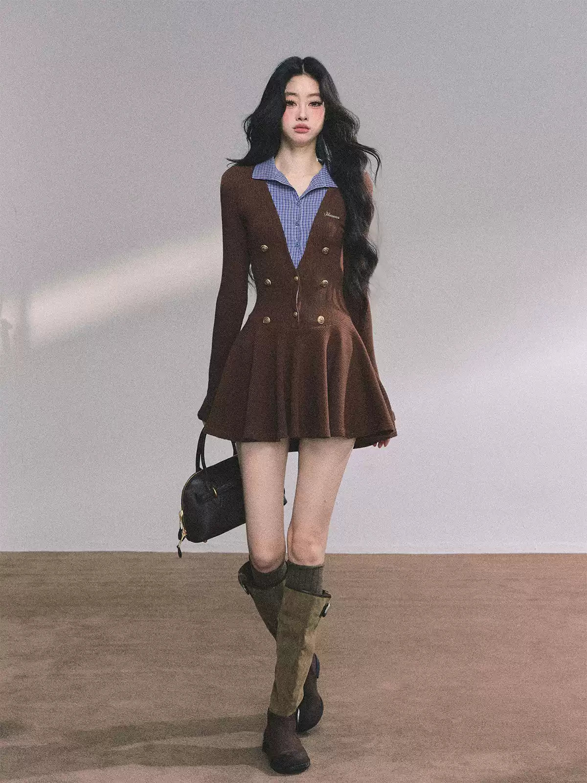 少也眼 Long Sleeve Faux Two-Piece Knit Dress