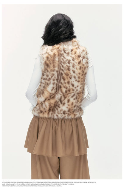 24olvides - Faux Fur Vest with Stand Collar and Toggle Closures (Creamy Leopard Print / Blue-Gray)