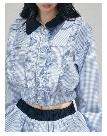 “English Manor” Plaid Cropped Top & Bubble Mini Skirt Set