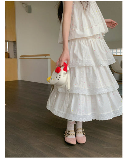 “Starfall Fairytale” White Ribbon Sleeveless Top & Layered Lace Skirt