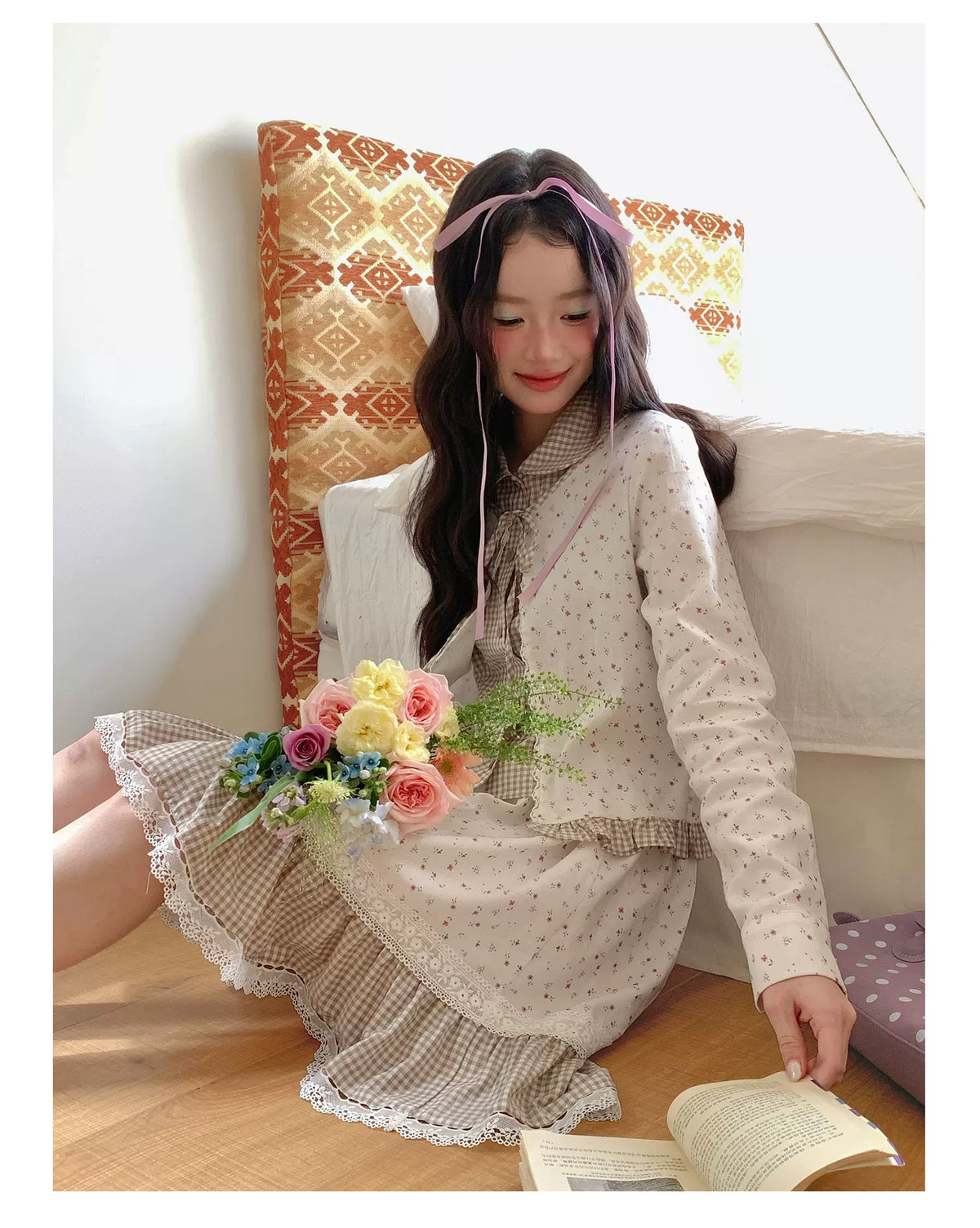 [RF] “Meadow Tea Party” Ivory & Light Brown Plaid Layered Blouse & Skirt Set