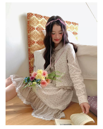 [RF] “Meadow Tea Party” Ivory & Light Brown Plaid Layered Blouse & Skirt Set