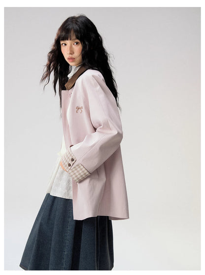 [CAN] Marshmallow & Cookie" Dusty Pink & Brown Plaid Bow Embroidered Trench Coat