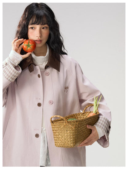 [CAN] Marshmallow & Cookie" Dusty Pink & Brown Plaid Bow Embroidered Trench Coat