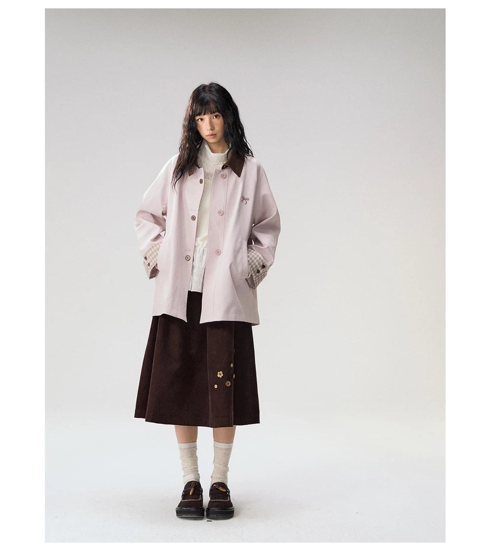 [CAN] Marshmallow & Cookie" Dusty Pink & Brown Plaid Bow Embroidered Trench Coat