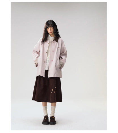 [CAN] Marshmallow & Cookie" Dusty Pink & Brown Plaid Bow Embroidered Trench Coat