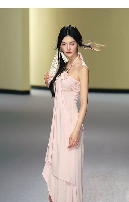 "Moonlit Reverie" Halter Layered Maxi Dress (Black/ Blush Pink)