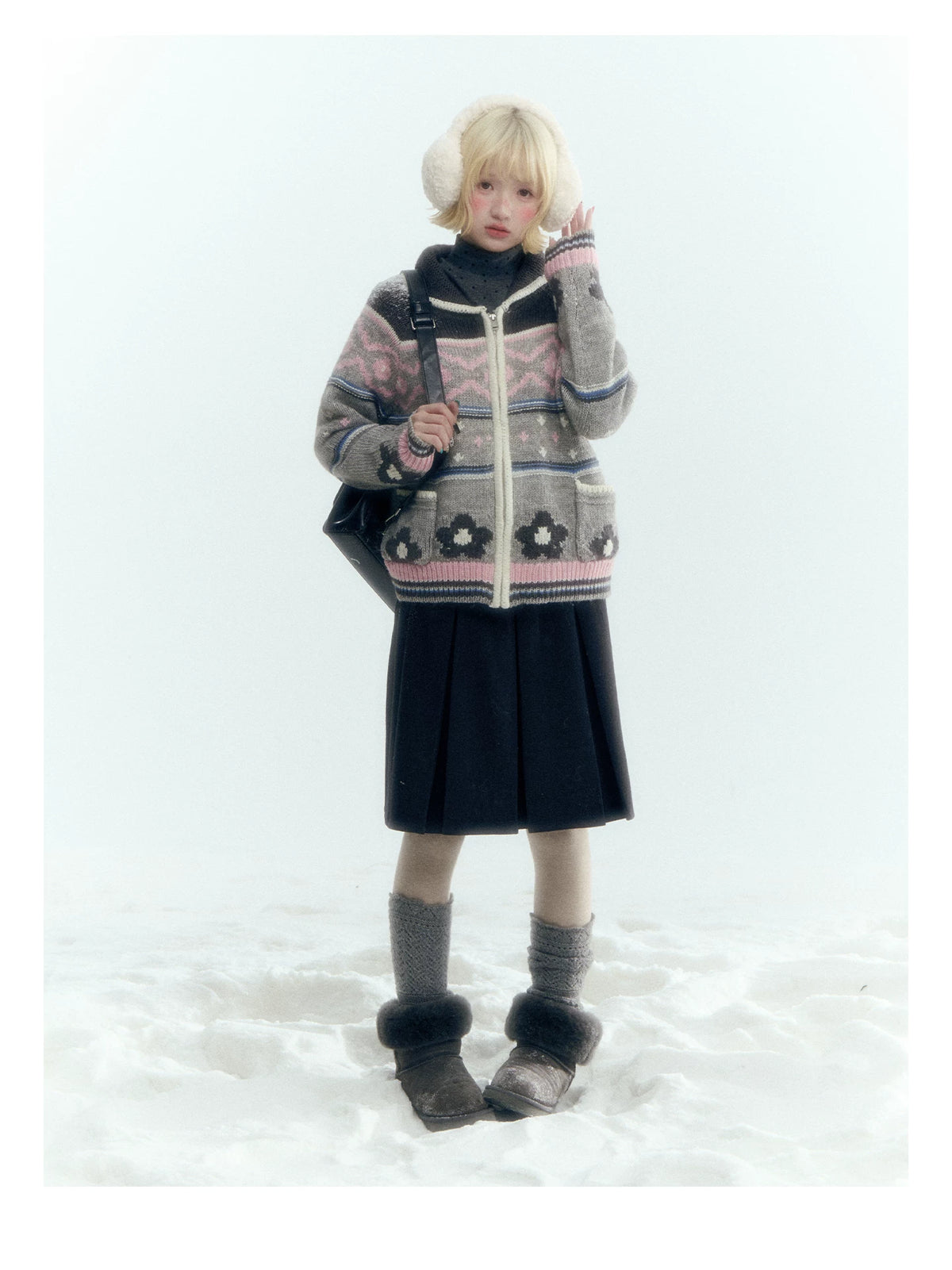 Horridale - Gray Pink Fair Isle Floral Zip-Up Knit Cardigan