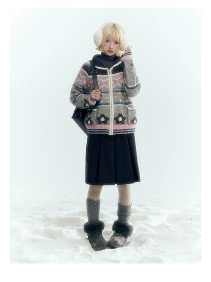 Horridale - Gray Pink Fair Isle Floral Zip-Up Knit Cardigan