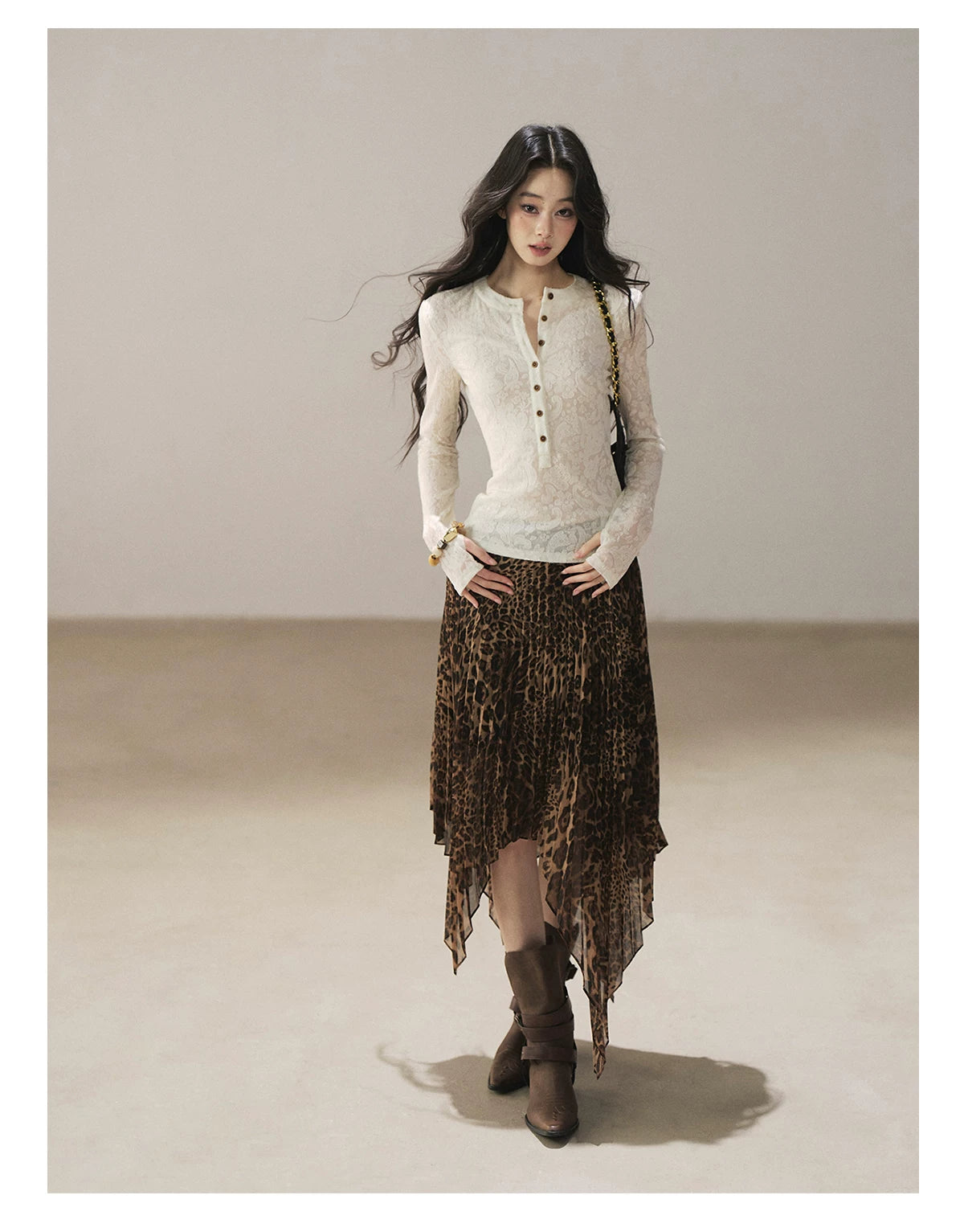 AOMALM - “Cocoa Leopard” Pleated Asymmetric Midi Skirt