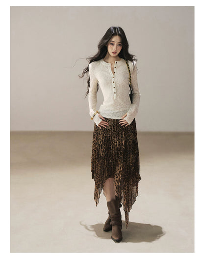 AOMALM - “Cocoa Leopard” Pleated Asymmetric Midi Skirt