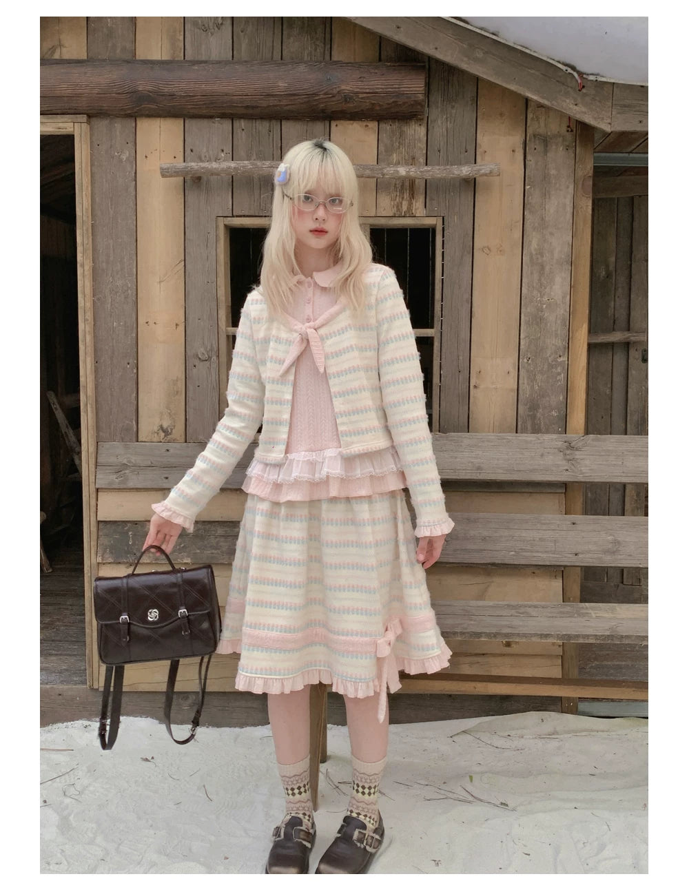 RF - Candy Stripe Floral Knit Cardigan and Midi Skirt Set
