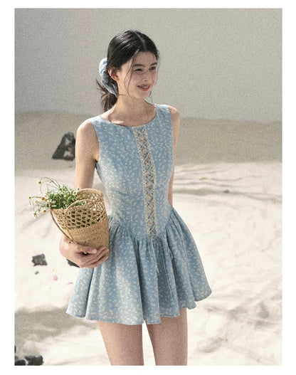 "Sage Summer" Haze Blue Lace Floral Puff Mini Dress