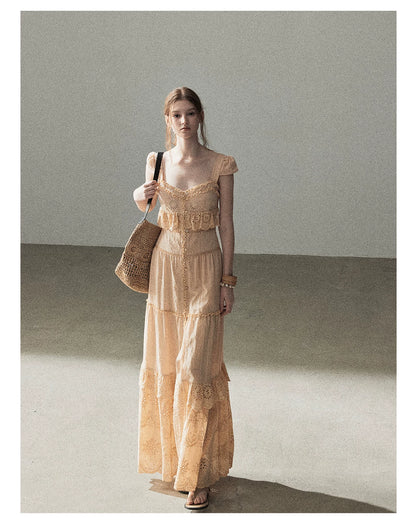 "Where May Meets the Sea" Cinnamon Pink Ruffle Tiered Maxi Dress