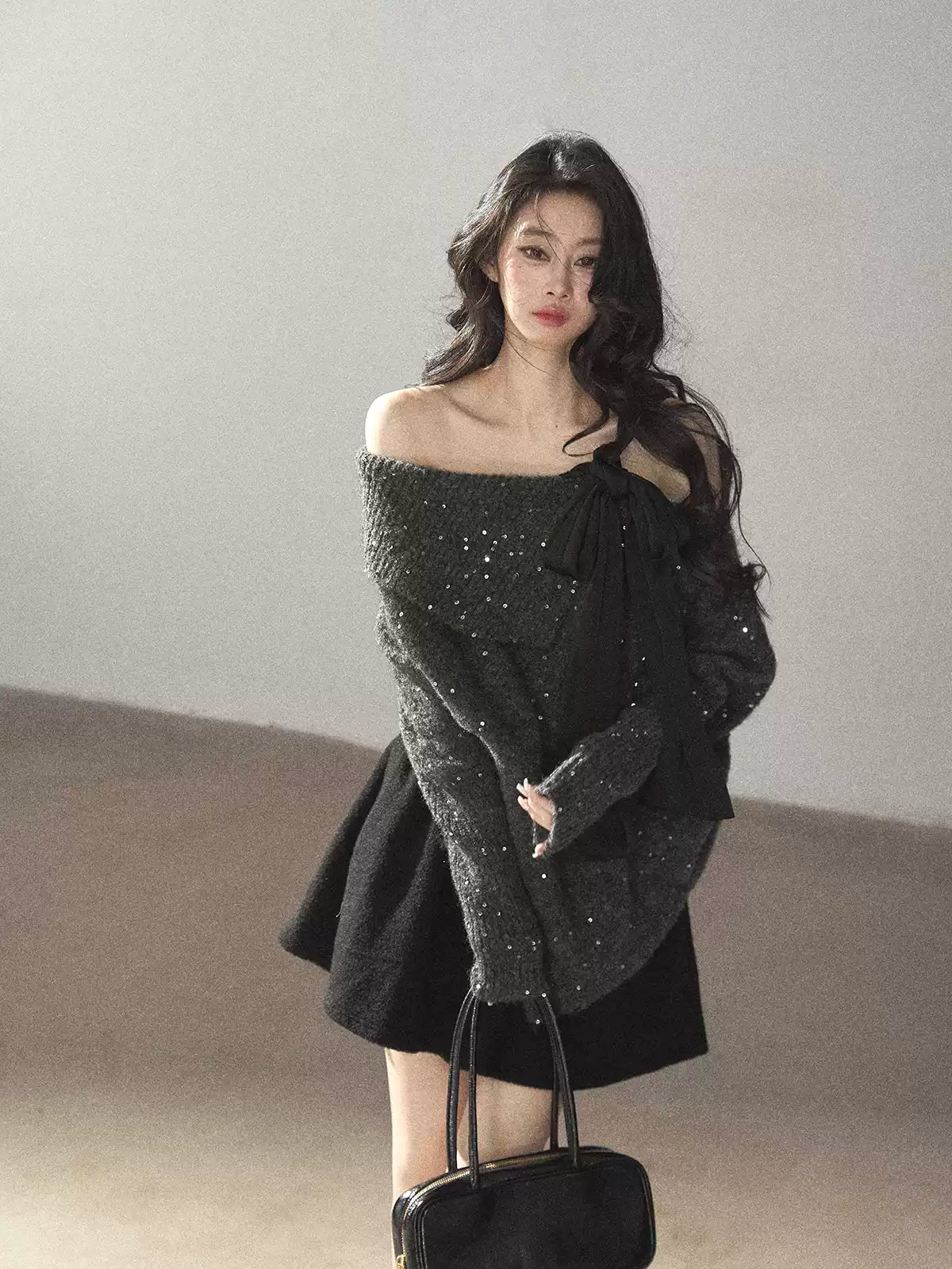 AOMALM - "Starlit Reverie" Sequin Off-Shoulder Sweater with Satin Bow - Paris Gray