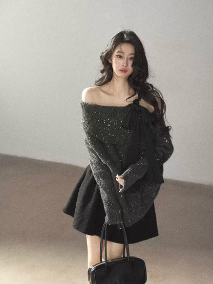 AOMALM - "Starlit Reverie" Sequin Off-Shoulder Sweater with Satin Bow - Paris Gray