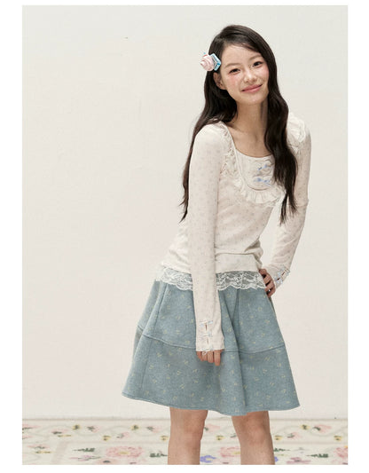 [RF] Cream Floral Peter Pan Collar Long-Sleeve Fitted Layering Top with Lace Details