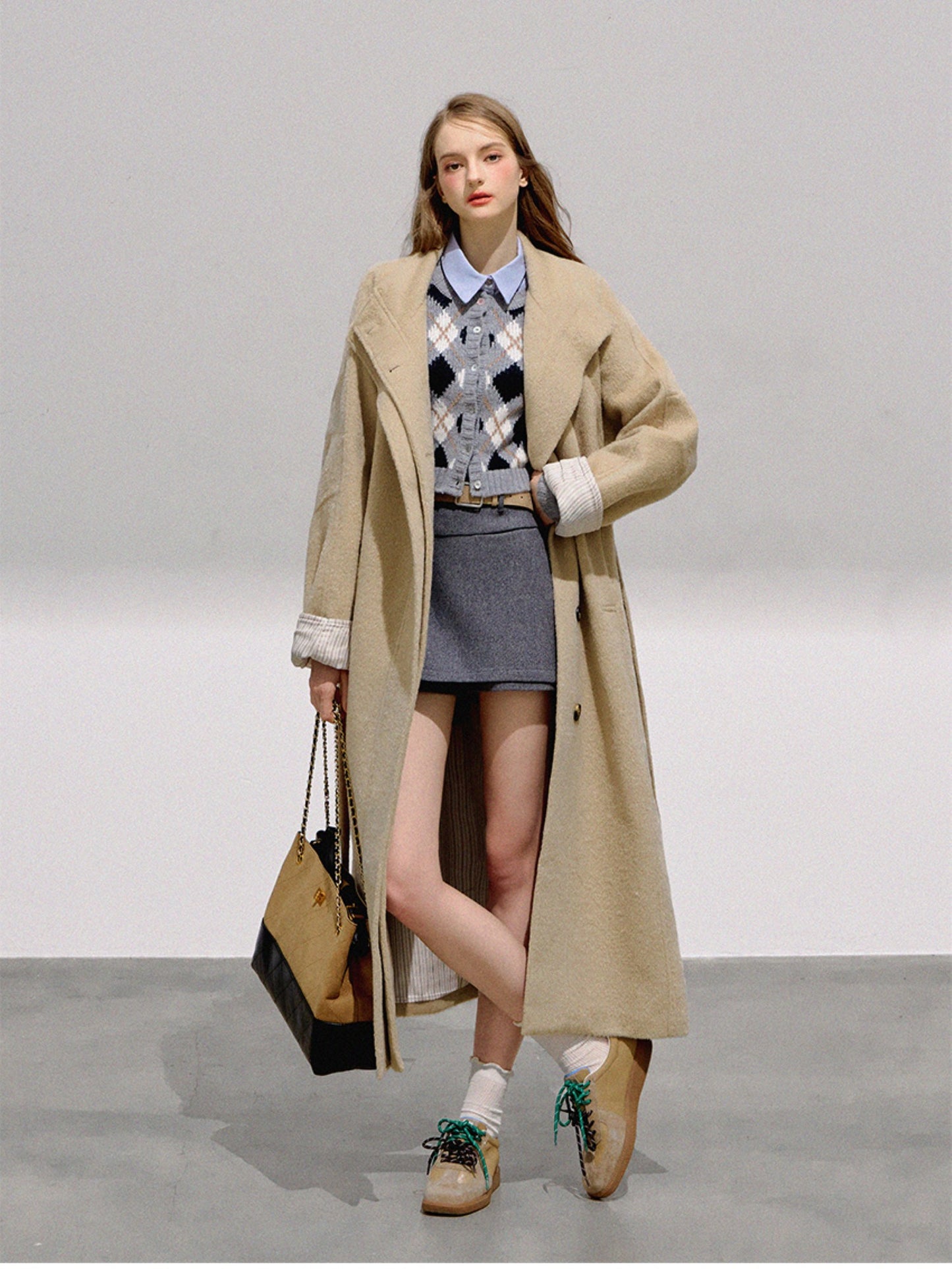 BOHOL BLING - Vintage Preppy Khaki Wool Blend Long Coat