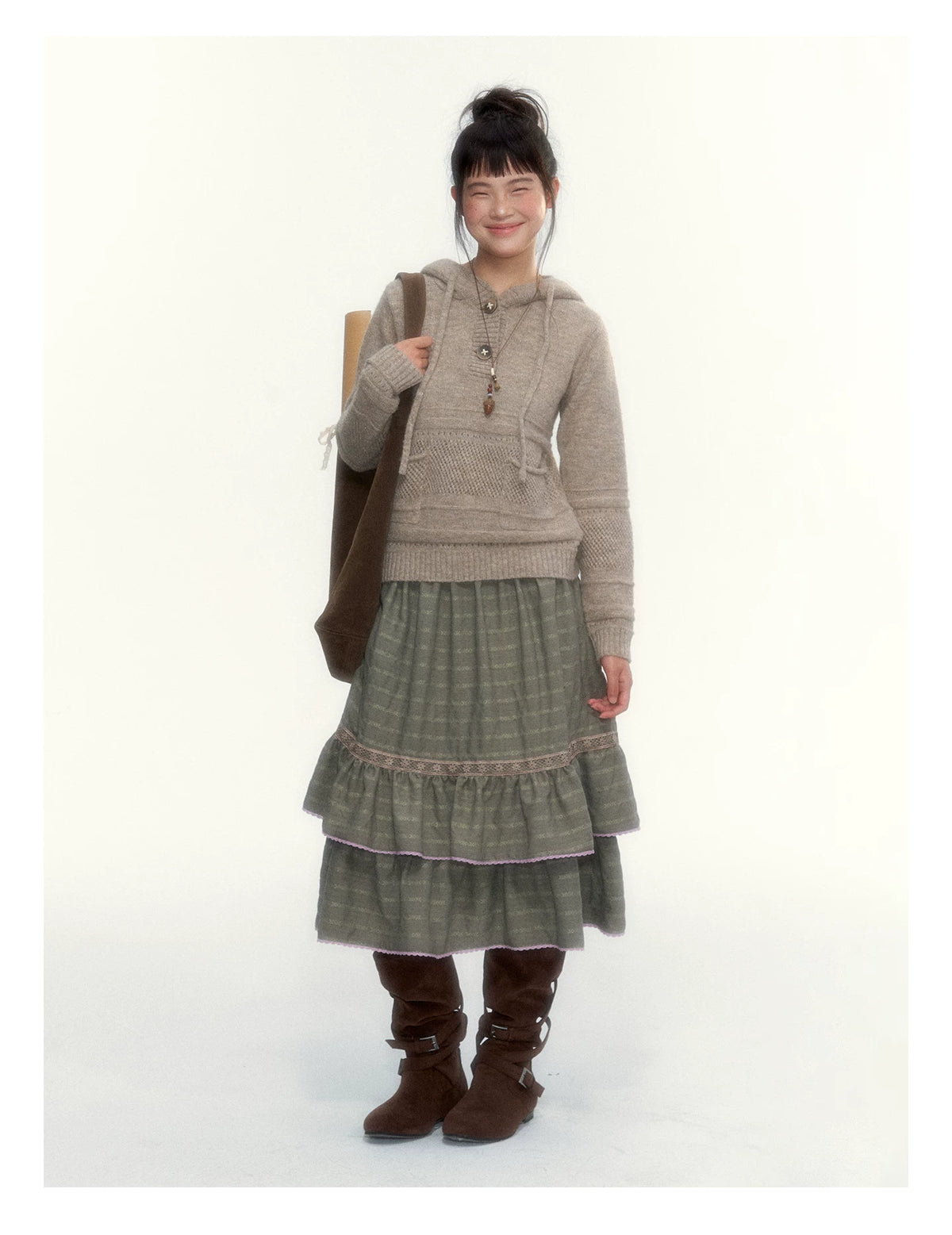 Dried Grass Green Vintage Lace Tiered A-Line Skirt