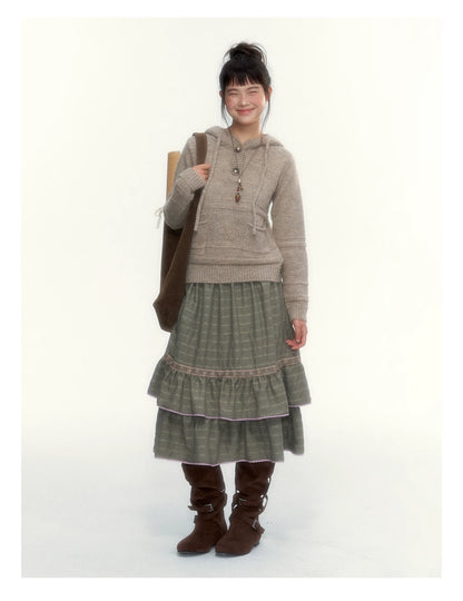 Dried Grass Green Vintage Lace Tiered A-Line Skirt
