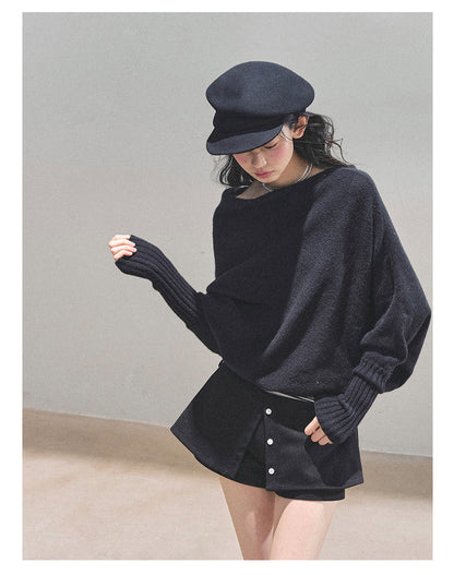 少也眼 “Soft Minimalism” Off-Shoulder Versatile Knit Top - Black 6416515
