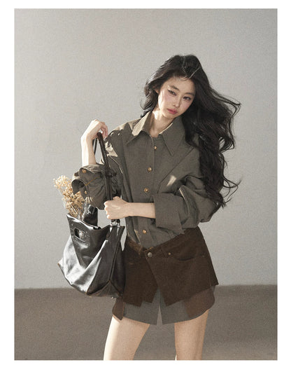 AOMALM - "Autumn Botanicals" Sage Green Striped Shirt & Wrap Faux Half-Skirt Set