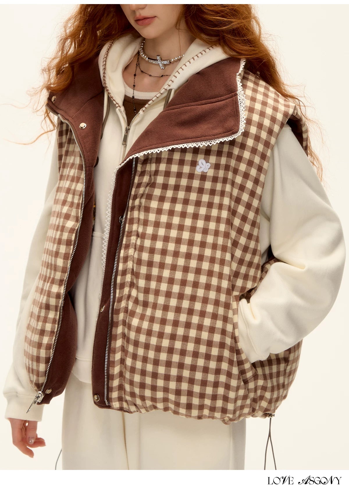 ASGONY - Reversible Plaid Lace-Trim Quilted Vest (Brown / Gray)