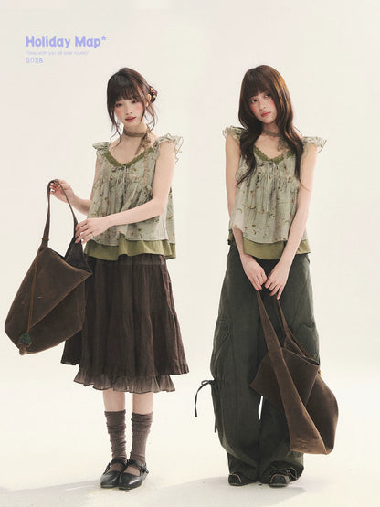 "Enchanted Forest" Moss Green Floral Lace Ruffle Cami Top