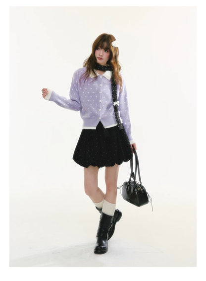CREAMO2 - Polka Dot Knit Cardigan with Contrast Collar (Purple / Navy)
