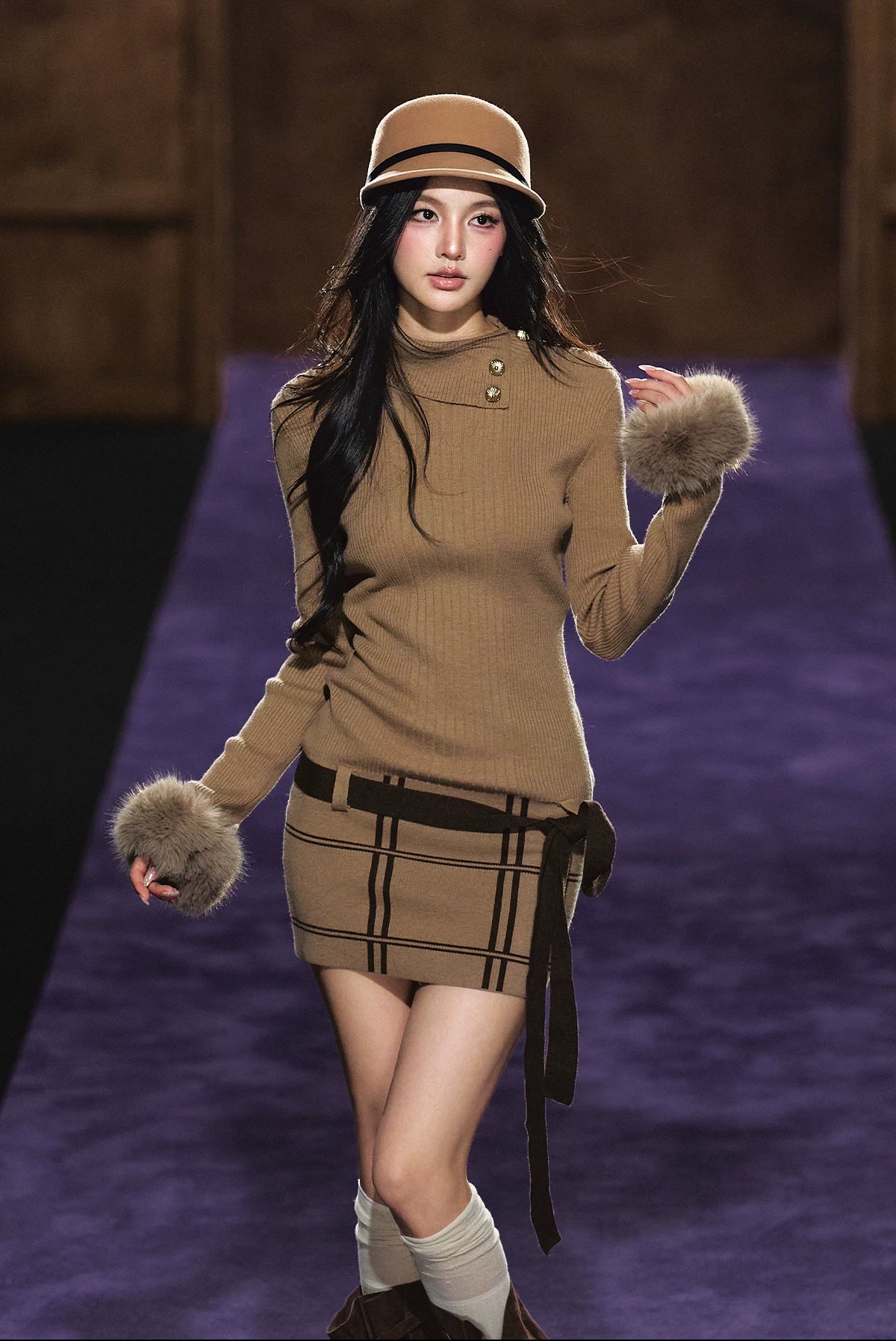 "Winter Whisper" Light Khaki Mock Neck Knit Mini Dress